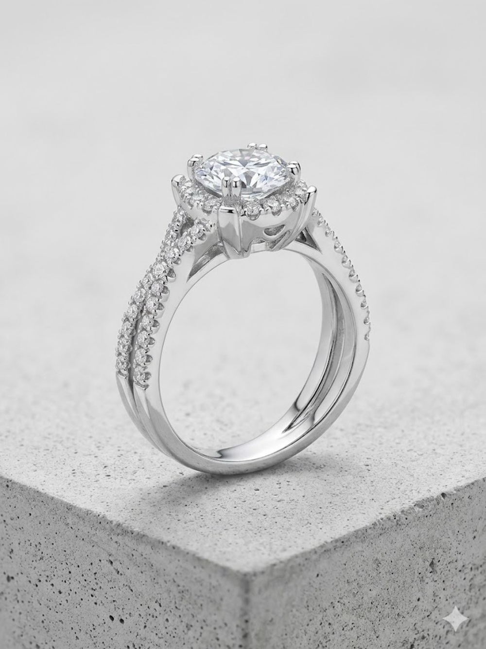 NEW 1ct Round Moissanite Halo Adjustable Ring White Gold Plated - Retail $200